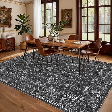 Boho Vintage Floral Printed Washable Area Rug Retro Distressed Non Slip Carpet for Bedroom Kitchen