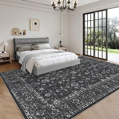 Boho Vintage Floral Printed Washable Area Rug Retro Distressed Non Slip Carpet for Bedroom Kitchen