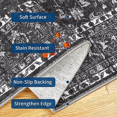 Boho Vintage Floral Printed Washable Area Rug Retro Distressed Non Slip Carpet for Bedroom Kitchen