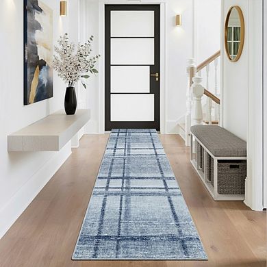 Modern Geometric Area Rug for Dining Room Low Pile Non Slip Foldable Grid Rug for Bedroom Laundry