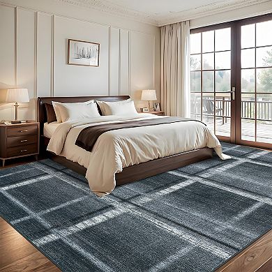 Modern Geometric Area Rug for Dining Room Low Pile Non Slip Foldable Grid Rug for Bedroom Laundry
