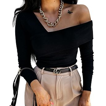 Women's Fashion Asymmetric Off-Shoulder Long Sleeve T-Shirt Slim Fit Casual Top