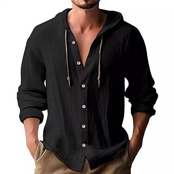 Men's Breathable Drawstring Hooded Sweatshirt Long Sleeve Casual Button Shirt for Spring Summer