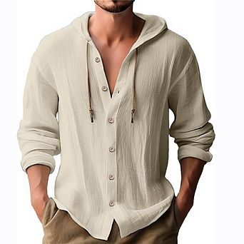 Men's Breathable Drawstring Hooded Sweatshirt Long Sleeve Casual Button Shirt for Spring Summer