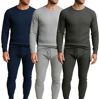 Men’s 3 Pack Waffle Knit Thermals Full Set Lightweight Layering & Loungewear Sets