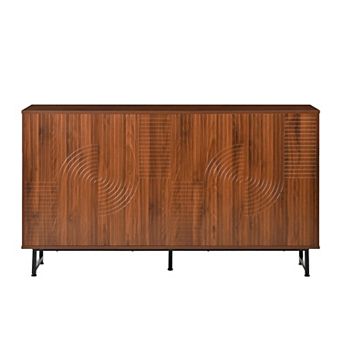 Whisen Mid-Century Walnut Sideboard Buffet Cabinet, Geometric Carved Storage Cabinet with Metal Legs