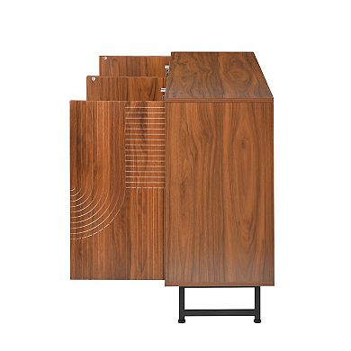 Whisen Mid-Century Walnut Sideboard Buffet Cabinet, Geometric Carved Storage Cabinet with Metal Legs