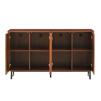 Whisen Mid-Century Walnut Sideboard Buffet Cabinet, Geometric Carved Storage Cabinet with Metal Legs