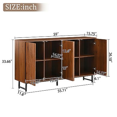 Whisen Mid-Century Walnut Sideboard Buffet Cabinet, Geometric Carved Storage Cabinet with Metal Legs