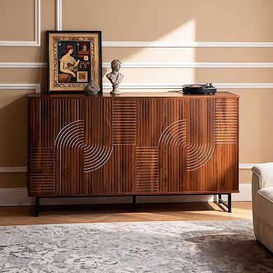 Whisen Mid-Century Walnut Sideboard Buffet Cabinet, Geometric Carved Storage Cabinet with Metal Legs