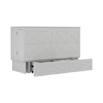 Ivory White Solid Wood Queen Murphy Bed,USB Port & Large Drawer for Home/Guest Room(No Mattress)