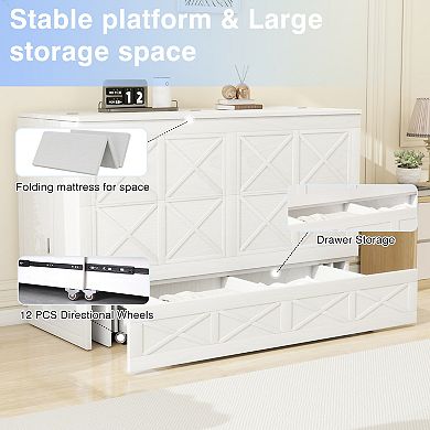 Ivory White Solid Wood Queen Murphy Bed,USB Port & Large Drawer for Home/Guest Room(No Mattress)