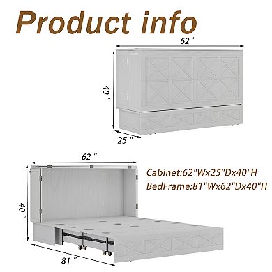 Ivory White Solid Wood Queen Murphy Bed,USB Port & Large Drawer for Home/Guest Room(No Mattress)