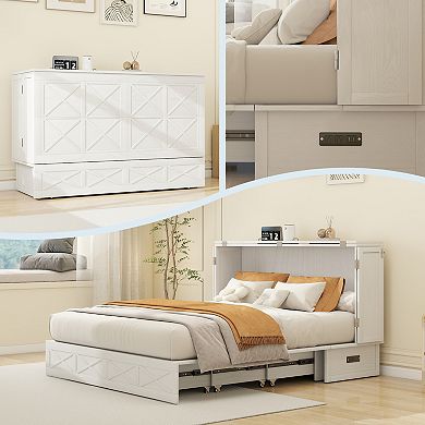 Ivory White Solid Wood Queen Murphy Bed,USB Port & Large Drawer for Home/Guest Room(No Mattress)