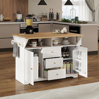Whisen Multifunctional Extendable Kitchen Island Cart, with 5 Wheels and US Standard Outlet