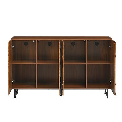 Whisen Modern Wood Sideboard, Storage Cabinet with Wave Relief Design, Walnut Texture and Iron Legs