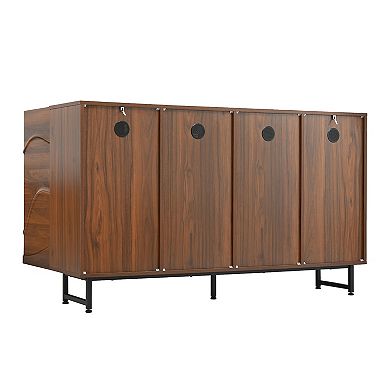 Whisen Modern Wood Sideboard, Storage Cabinet with Wave Relief Design, Walnut Texture and Iron Legs