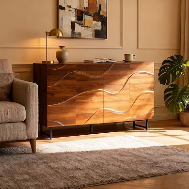 Whisen Modern Wood Sideboard, Storage Cabinet with Wave Relief Design, Walnut Texture and Iron Legs