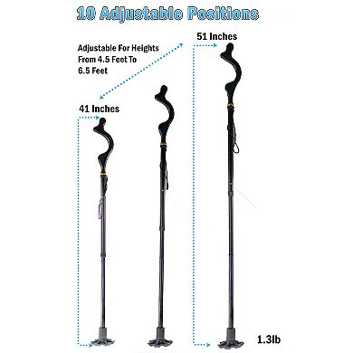 Foldable Adjustable Walking Cane Self-Standing Base with 10 Heights for Posture Support