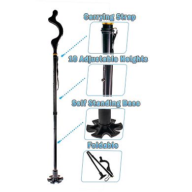 Foldable Adjustable Walking Cane Self-Standing Base with 10 Heights for Posture Support
