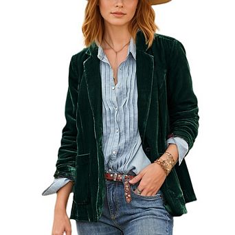 Womens Casual Velvet Blazer Notched Lapel Button Front Jacket Long Sleeve V Neck Jackets Coat Blazer