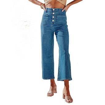 Women's Wide Leg Jeans High Waisted Stretchy Straight Jeans Buttoned Loose Denim Pants with Pocket