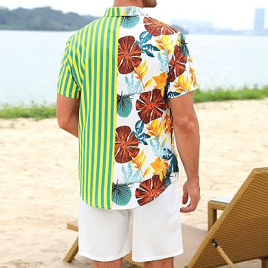 Men's Button Down Shirt & Shorts Set Boho Summer Casual Outfit Short Sleeve Striped Color Block