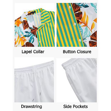 Men's Button Down Shirt & Shorts Set Boho Summer Casual Outfit Short Sleeve Striped Color Block