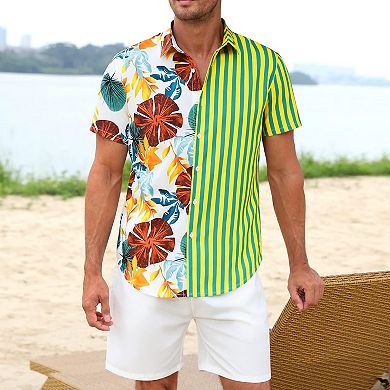 Men's Button Down Shirt & Shorts Set Boho Summer Casual Outfit Short Sleeve Striped Color Block