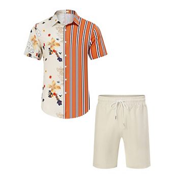 Men's Button Down Shirt & Shorts Set Boho Summer Casual Outfit Short Sleeve Striped Color Block