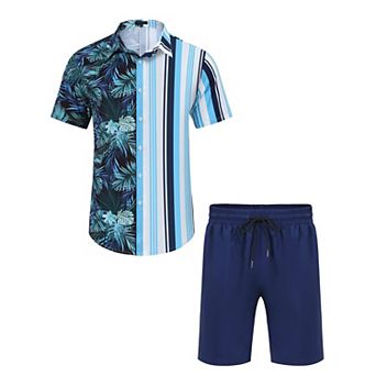 Men's Button Down Shirt & Shorts Set Boho Summer Casual Outfit Short Sleeve Striped Color Block