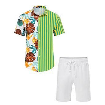 Men's Button Down Shirt & Shorts Set Boho Summer Casual Outfit Short Sleeve Striped Color Block