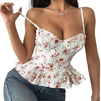 Women's Sweetheart Neck Sleeveless Floral Print Ruffled Hem Bustier Top