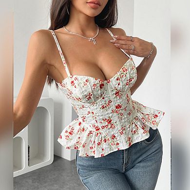 Women's Sweetheart Neck Sleeveless Floral Print Ruffled Hem Bustier Top