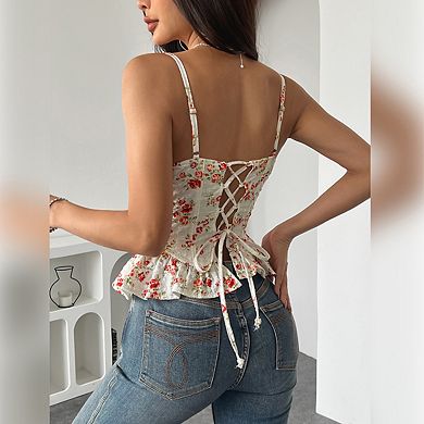 Women's Sweetheart Neck Sleeveless Floral Print Ruffled Hem Bustier Top