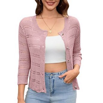Womens 3/4 sleeve Hollow Out Crochet Cardigan Shrugs Crewneck Basic Casual Button Down Knit Sweater