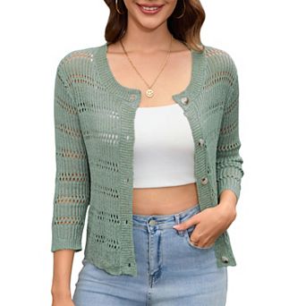 Womens 3/4 sleeve Hollow Out Crochet Cardigan Shrugs Crewneck Basic Casual Button Down Knit Sweater