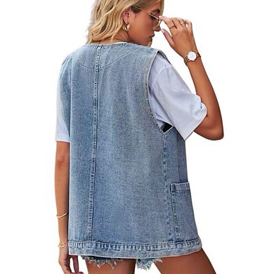 Women's Oversized Denim Vest Casual Loose Sleeveless Mid-Length Button Down Jean Jacket Coat