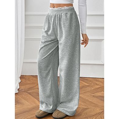 Women’s Y2K Lace Patchwork Sweatpants Baggy Straight Leg Travel Pants With Pockets