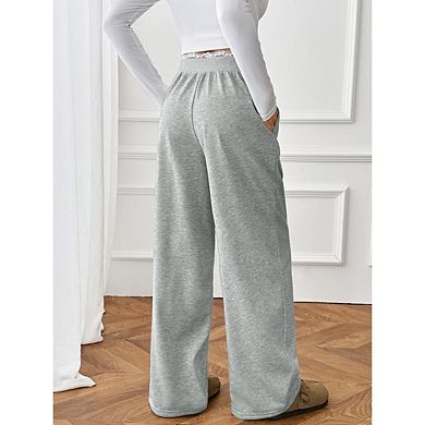 Women’s Y2K Lace Patchwork Sweatpants Baggy Straight Leg Travel Pants With Pockets