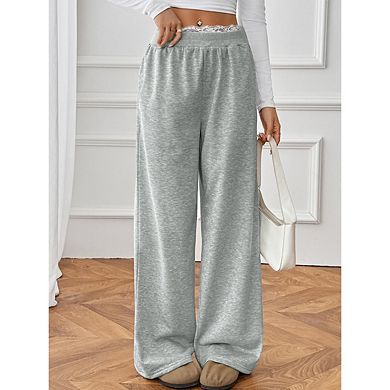 Women’s Y2K Lace Patchwork Sweatpants Baggy Straight Leg Travel Pants With Pockets