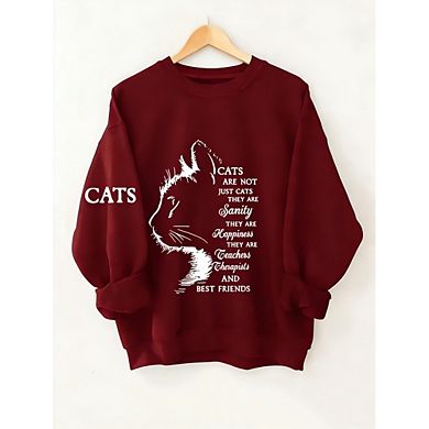 Womens Plus Sweatshirts Crewneck Long Sleeve Tops Fleece Cat Graphic Pullover Clothes with Pocket