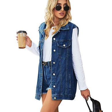 Women's Oversized Denim Vest Mid Long Loose Fit Sleeveless Distressed Jean Jackets Coat