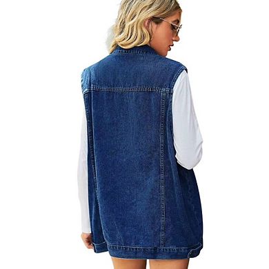 Women's Oversized Denim Vest Mid Long Loose Fit Sleeveless Distressed Jean Jackets Coat