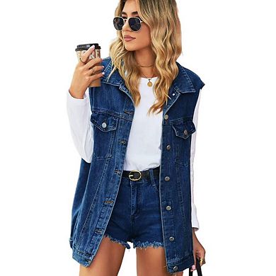 Women's Oversized Denim Vest Mid Long Loose Fit Sleeveless Distressed Jean Jackets Coat
