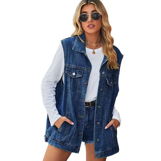 Women's Oversized Denim Vest Mid Long Loose Fit Sleeveless