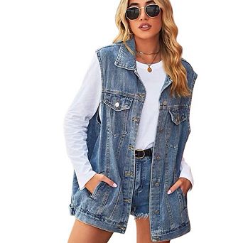 Women's Oversized Denim Vest Mid Long Loose Fit Sleeveless Distressed Jean Jackets Coat