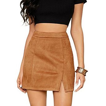 Womens High Waist Faux Suede Side Split Bodycon Party Short Mini Skirt Zip Up Split A Line Skirt