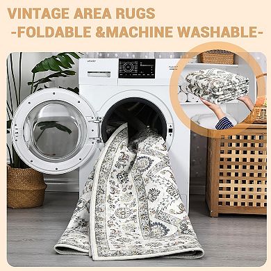 Persian Boho Vintage Washable Large Area Rug Foldable Low Pile Rug Non-Shedding Pet Child Friendly