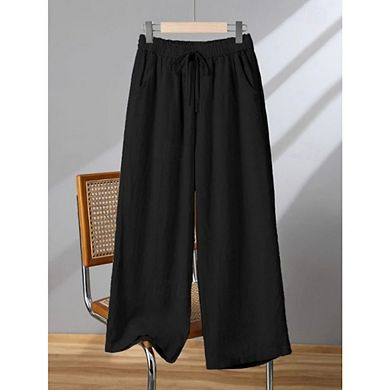 Women's Plus Size Casual Pants Wide Leg Drawstring Elastic High Waist Palazzo Pant